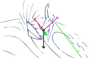 La résultante des forces (Poids, Réaction, Inertie) permet une modification de la trajectoire dans la direction choisie.